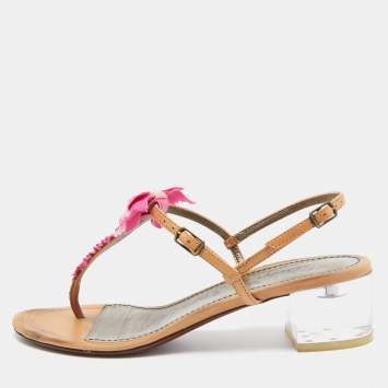 Pre Owned Lanvin Light Brown/Pink Leather and Fabric Bow Thong Ankle Strap Sandals Size 37
