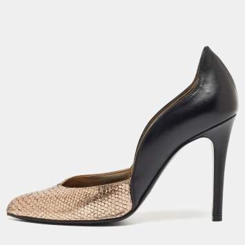 Pre Owned Lanvin Metallic/Black Embossed Python and Leather Pumps Size 38