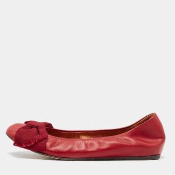 Pre Owned Lanvin Burgundy Leather Bow Ballet Flats Size 38