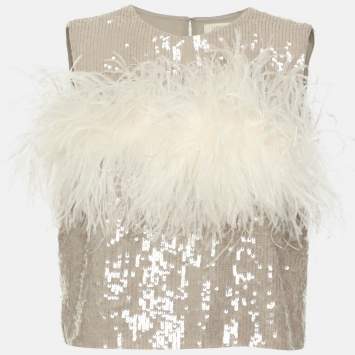 Pre Owned Lapointe Grey/White Sequin and Ostrich Feather Sleeveless Crop Top S
