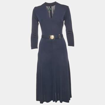 Pre Owned فساتين �لورين رالف لورين جيرسي مع حزام بلون أزرق كحلي وياقة على شكل V ميدي مقاس صغير