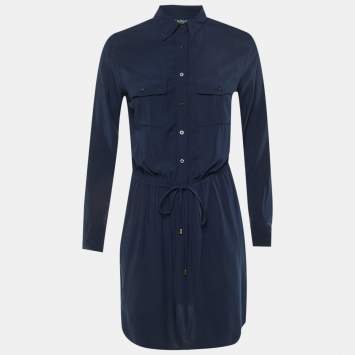 Pre Owned Lauren Ralph Lauren Navy Blue Poplin Knee Length Dress S