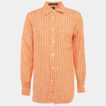 Pre Owned Lauren Ralph Lauren Orange Striped Linen Shirt S
