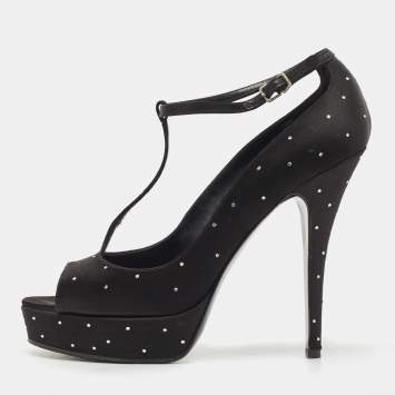 Pre Owned Laurence Dacade Black Satin Crystal Peep Toe  T-Strap Pumps Size 38.5