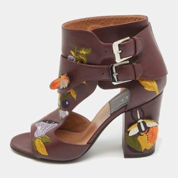 Pre Owned Laurence Dacade Burgundy Leather Embroidered Sandals Size 41