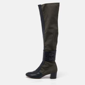 Pre Owned Laurence Dacade Blue/Olive Green Fabric and Quilted Leather Over The Knee Length Boots Size 40