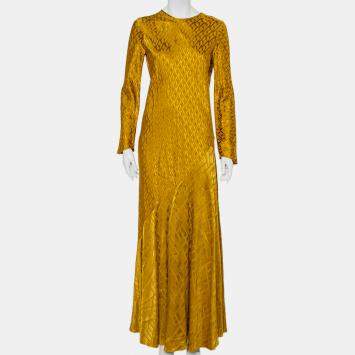Pre Owned Layeur Gold Patterned Satin Paneled Cecelia Maxi Dress L