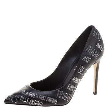 Pre Owned Le Silla Black Crystal Embellished Leather Pointed Toe Pumps Size 37.5