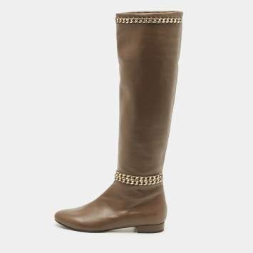 Le Silla Brown Leather Chain Detail Knee High Boots Size 37