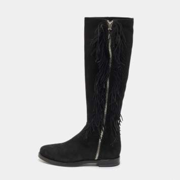 Le Silla Black Suede Fringe Trim Knee Length Boots Size 37.5