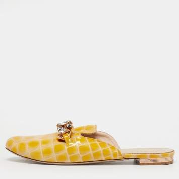 Pre Owned Le Silla Yellow Croc Embossed Patent Leather Crystal Embellished Chain Flat Mules Size 37