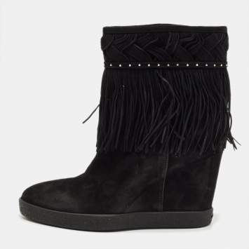 مملوكة مسبقًا Le Silla Black Suede Fringe Wedge Ankle Boots Size 37