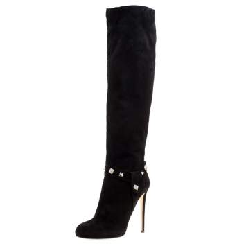 Pre Owned Enio Silla For Le Silla Black Suede Crystal Embellished Pyramid Studs Knee Length Boots Size 40
