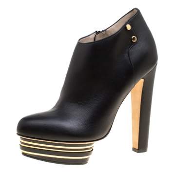 Pre Owned Enio Silla For Le Silla Black Leather Platform Booties Size 38.5
