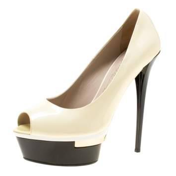Pre Owned Le Silla Cream Patent Leather Peep Toe Platform Pumps Size 39