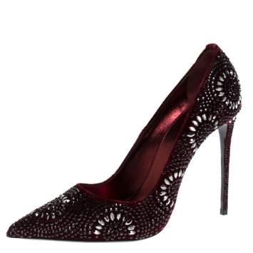Pre Owned Le Silla Burgundy Crystal Embellished Velvet Pointed Toe Pumps Size 41