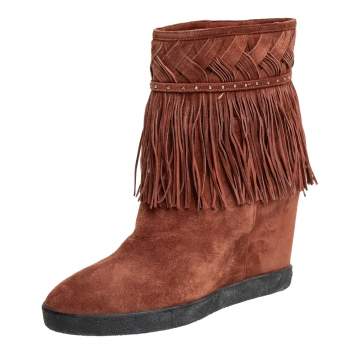 Pre Owned Le Silla Brown Suede Fringe Ankle Boots Size 37