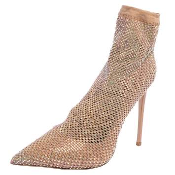 Pre Owned Le Silla Beige Crystal Embellished Mesh Ankle Boots Size 38.5