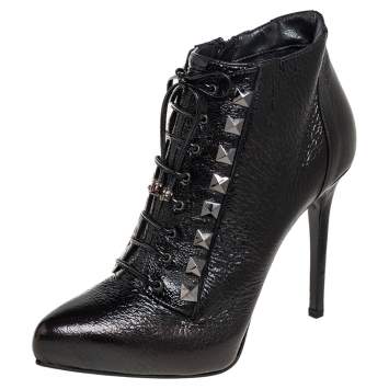 Pre Owned Le Silla Black Patent Leather Lace Up Studded  Ankle Booties Size 38