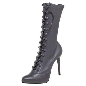 Pre Owned Le Silla  Grey Leather Lace Up Mid Calf Boots Size 40