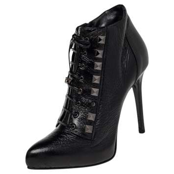 Pre Owned Le Silla Black Patent Leather Lace Up Studded  Ankle Booties Size 38.5