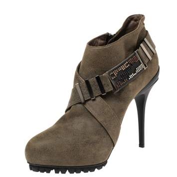 Pre Owned Le Silla Olive Green Suede Stivaletto Ankle Boots Size 38