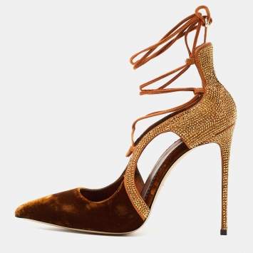 Pre Owned Le Silla Brown Velvet and Crystal Embellished Suede Cutout Ankle Wrap Pump Size 38