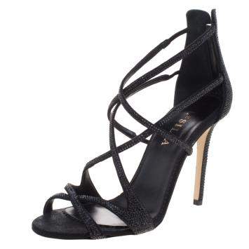 Pre Owned Le Silla Black Crystal Embellished Suede Strappy Sandals Size 38