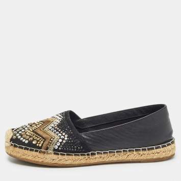 Le Silla Black Leather and Embellished Suede Espadrille Flats Size 37