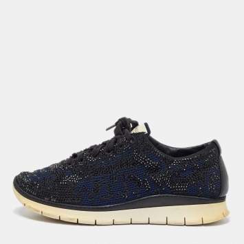 Pre Owned Le Silla Navy Blue/Black Knit Fabric and Leather Crystal Embellished Low Top Sneakers Size 42