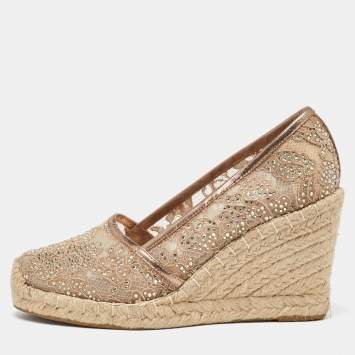 Pre Owned Le Silla Metallic Beige/Gold Lace and Leather Espadrille Wedge Pumps Size 37