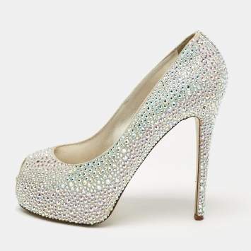 Pre Owned Le Silla Silver Crystal Embellished Suede Peep Toe Platform Pumps Size 37