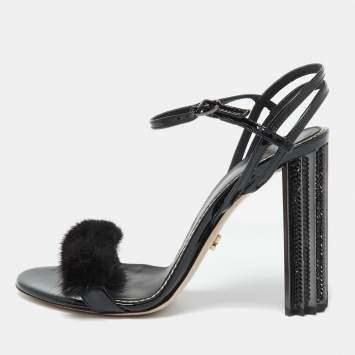 Pre Owned Le Silla Black Fox Fur and Patent Leather Ankle Strap Sandals Size 39