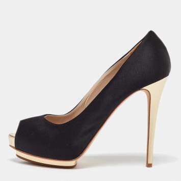 Pre Owned Le Silla Black Satin Peep Toe Platform Pumps Size 38