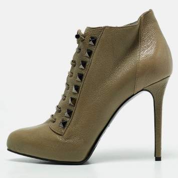 Pre Owned Le Silla Olive Green Leather Studded Pointed Toe Lace Up Ankle Booties Size 39