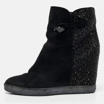 Le Silla Black Suede Crystal Embellished Wedge Ankle Length Boots Size 37