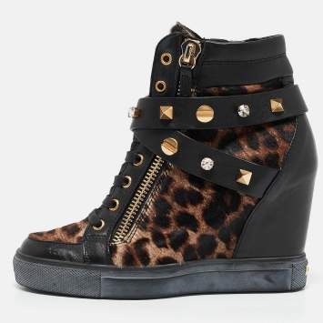 Pre Owned Le Silla Brown/Black Calf Leather and Leather Wedge Sneakers Size 36