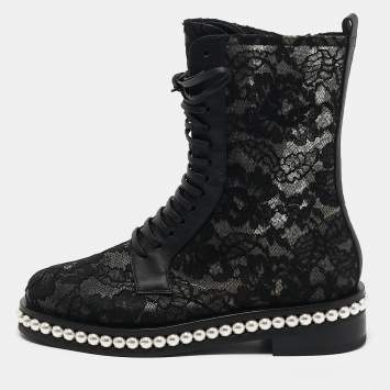 Le Silla Black Lace and Leather Pearl Embellished Combat Boots Size 37