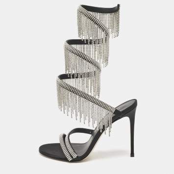 Pre Owned Le Silla Black Satin Crystal Embellished Jewels Ankle Wrap Sandals Size 38