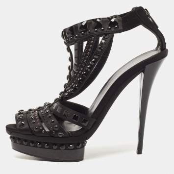 Le Silla Black Satin Crystal Embellished Platform Sandals Size 38