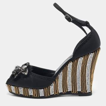 Le Silla Black Satin Embellished Ankle Strap Sandals Size 36
