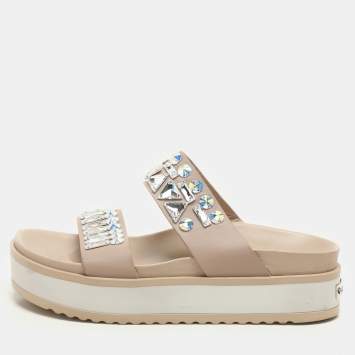 Le Silla Beige Leather Crystal Embellished Platform Sandals Size 37