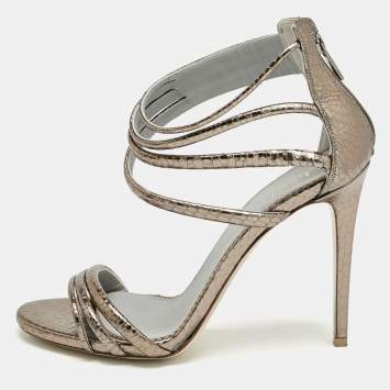Le Silla Metallic Snakeskin Embossed Leather Strappy Ankle Strap Sandals Size 37