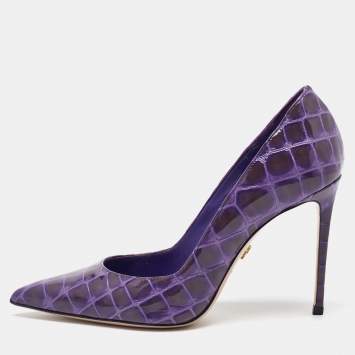 Le Silla Purple Croc Embossed Patent Leather Pointed Toe Pumps Size 36.5