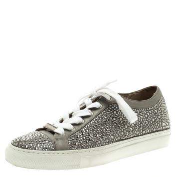 Pre Owned Le Silla Grey Crystal Embellished Leather Lace Up Sneakers Size 36