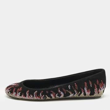 Pre Owned Le Silla Black Suede Fire Crystals Embellished Ballet Flats Size 36
