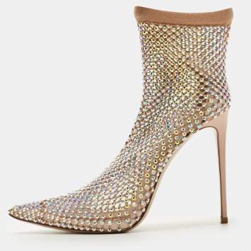 Pre Owned Le Silla Beige Stretch Fabric Gilda Ankle Length Boots Size 38