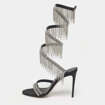 Pre Owned Le Silla Black Satin Crystal Embellished Jewels Ankle Wrap Sandals Size 39