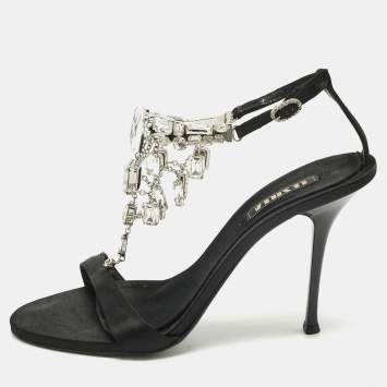 Pre Owned Le Silla Black Satin Crystal Embellish T-Strap Sandals Size 38.5