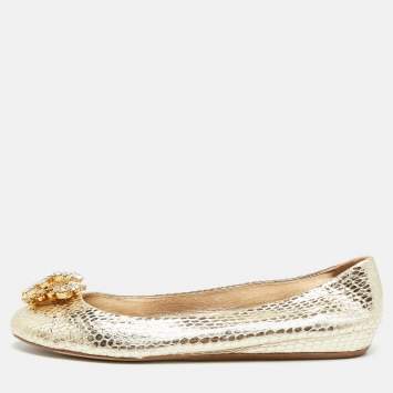 Pre Owned Le Silla Size 41 Metallic Python Embossed Leather Crystal Embellished  Ballet Flats